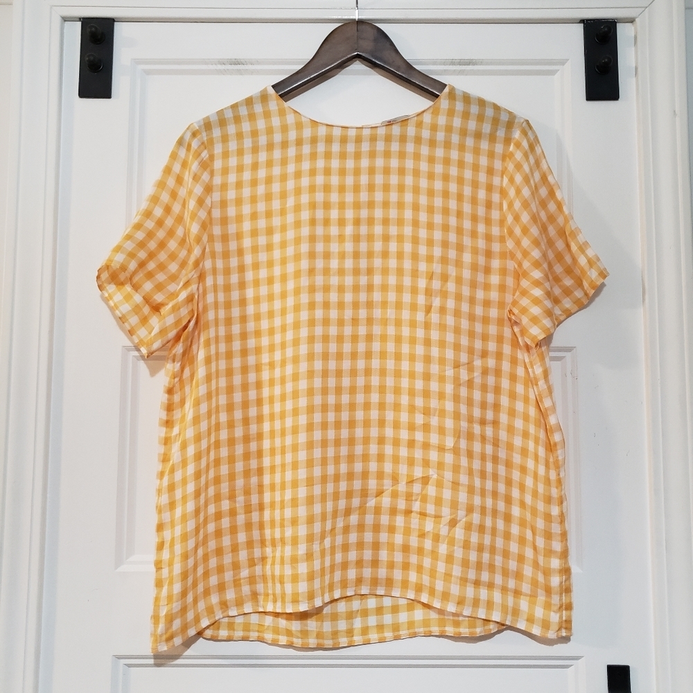 Cremieux Womens M Yellow White Gingham Check Tunic Top Boxy Relaxed Lightweight